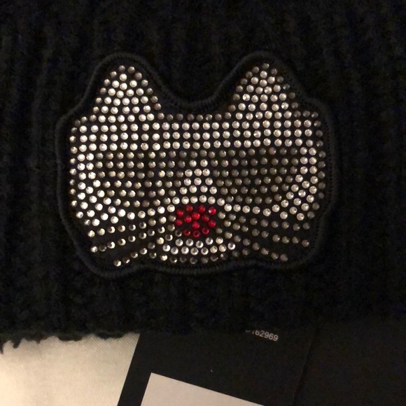 Karl Lagerfeld Paris Black Ribbed Beanie Choupette Patch Faux Fur Pom Pom OS NWT - Picture 3 of 16